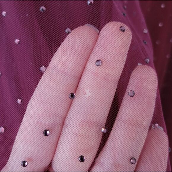 NWT LA Femme Embellished Off the Shoulder Mesh Gown - Picture 4 of 6